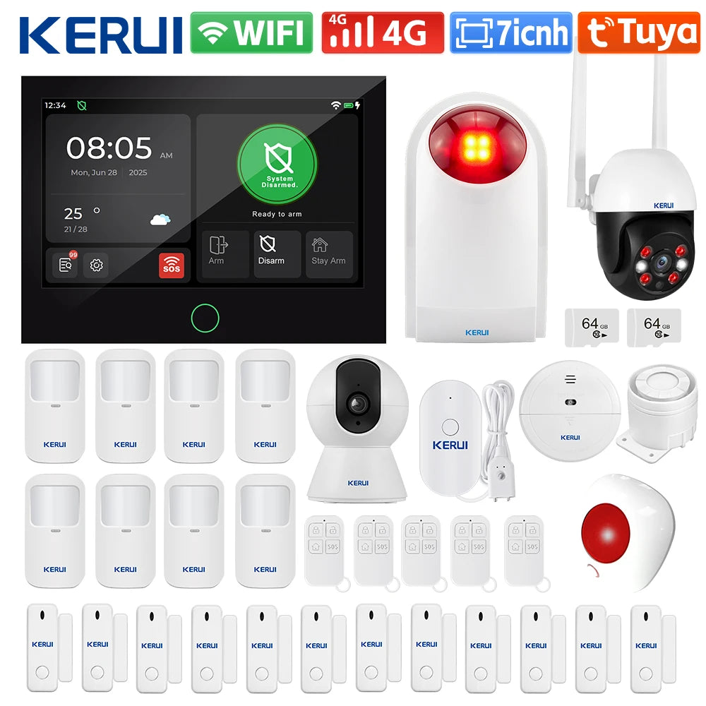 Central de Alarme KERUI G70 Tuya WiFi 4G Tela Touch 7" Kit Completo 100 Zonas FSK Sistema Inteligente - KERUI