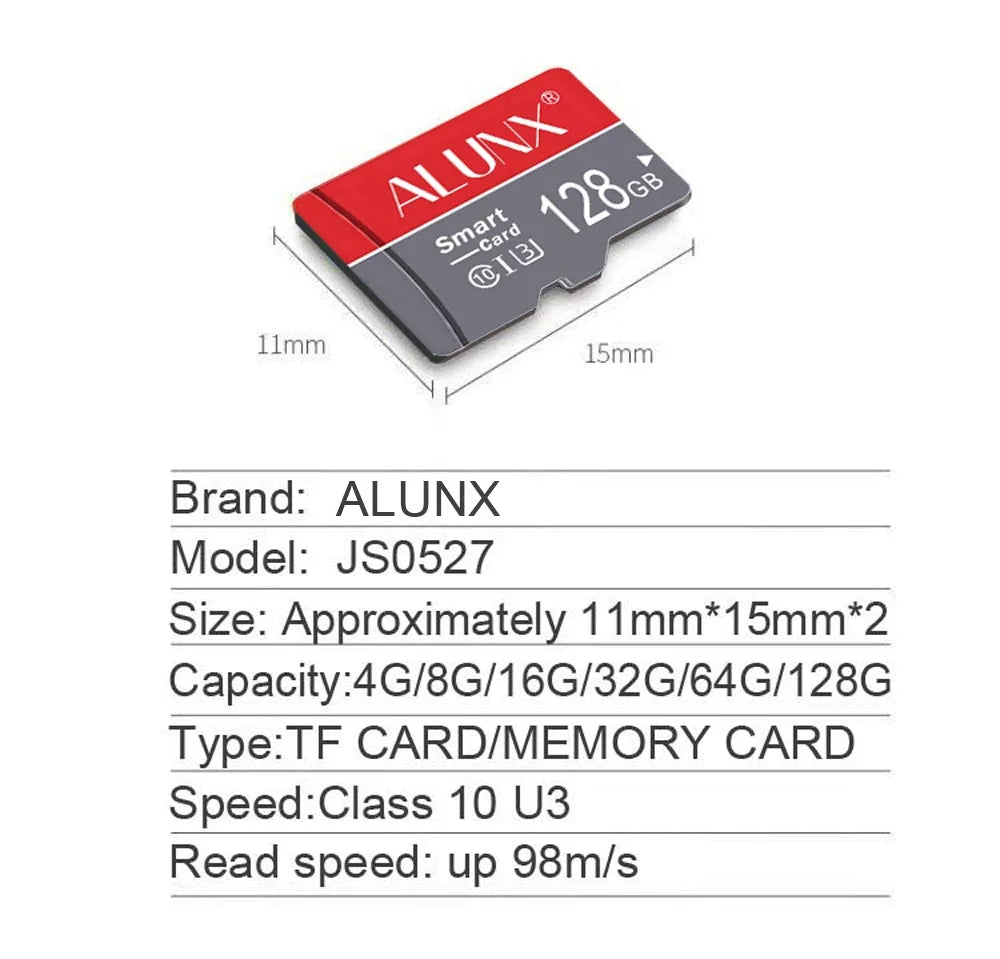 Cartão de Memória MicroSD ALUNX - Classe 10 UHS-I U3 V10 A1 - 8GB a 128GB - Alta Velocidade
