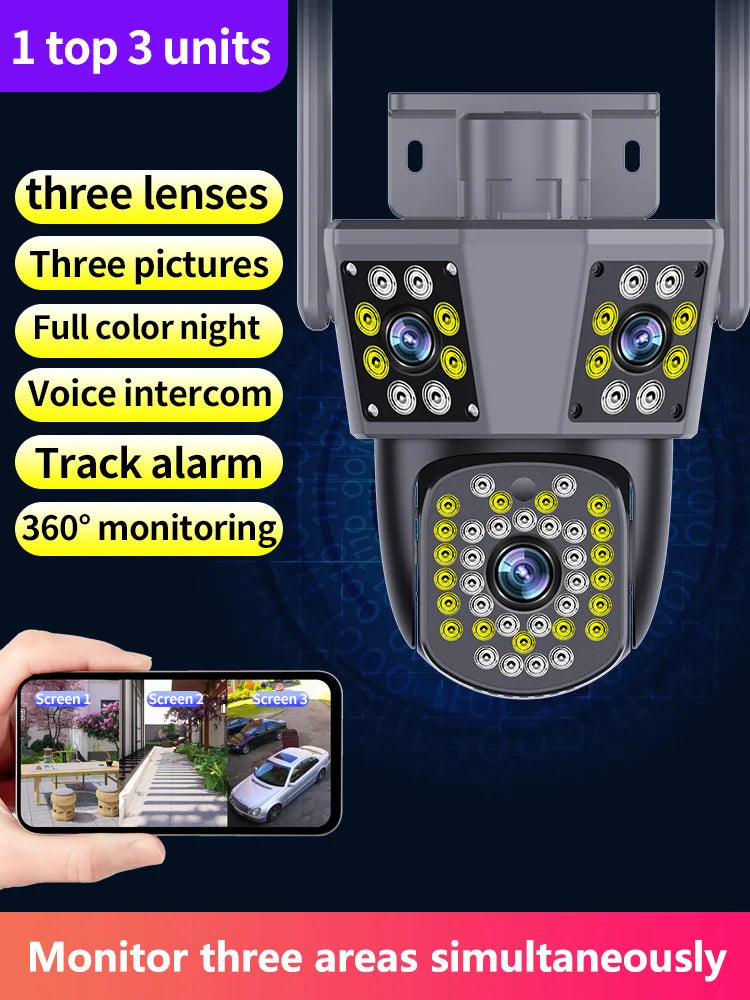 Câmera WiFi 12MP 6K Três Lentes Zoom 10x Rastreamento IA Visão Noturna Colorida CHAMOUS