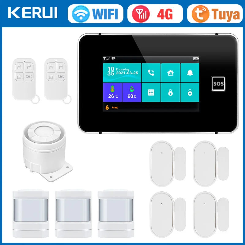 Central de Alarme KERUI G64B 4G WiFi Tela Touch 4.3" com Tuya Smart 100 Zonas Temperatura Umidade - KERUI