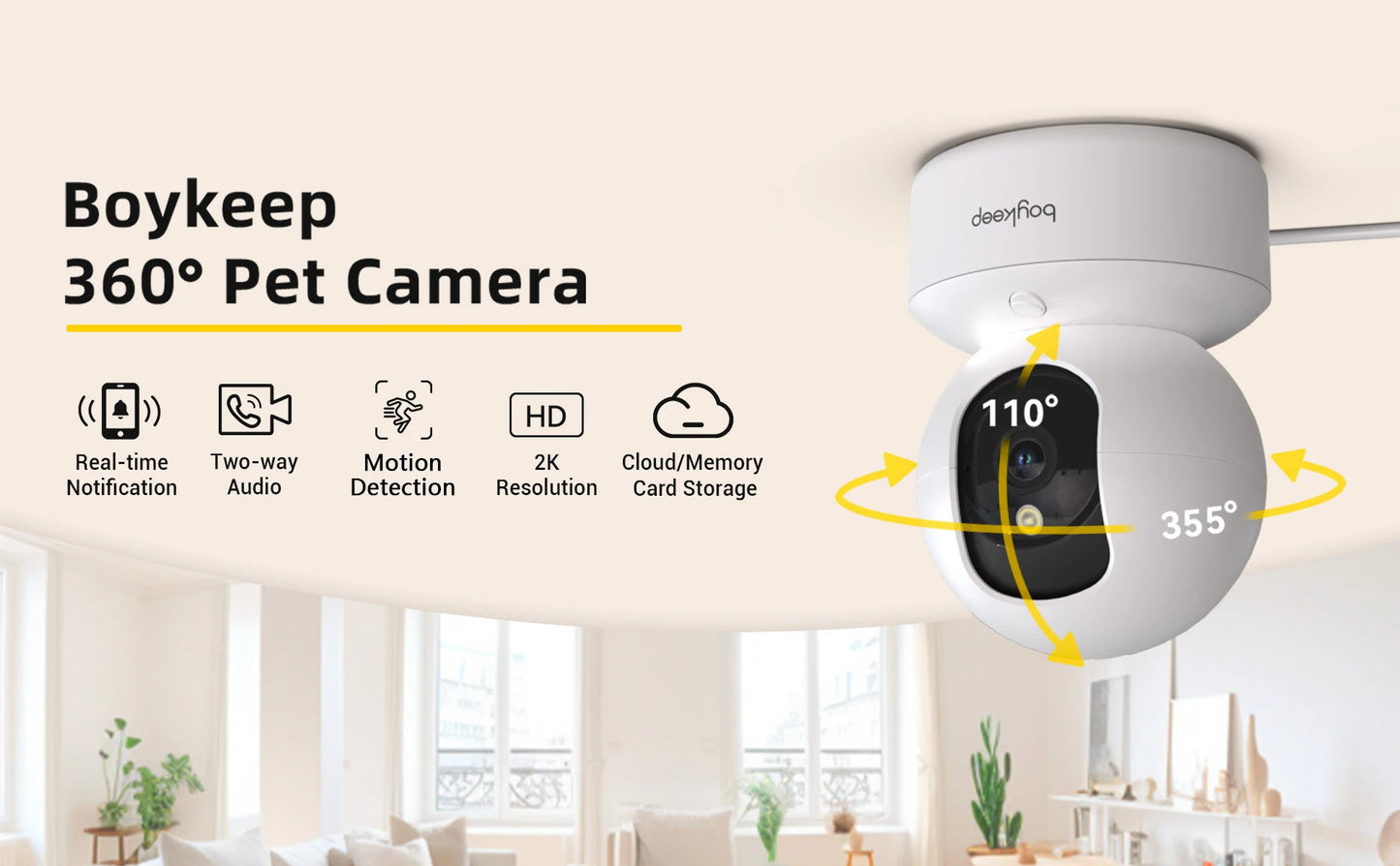 Câmera para cães de estimação Boykeep 2K com aplicativo de telefone, câmera de segurança interna WiFi 5G / 2,4 GHz para bebês, 360 °   Pan & Tilt, Áudio bidirecional, Visão noturna