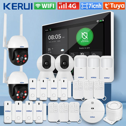 Central de Alarme KERUI G70 Tuya WiFi 4G Tela Touch 7" Kit Completo 100 Zonas FSK Sistema Inteligente - KERUI