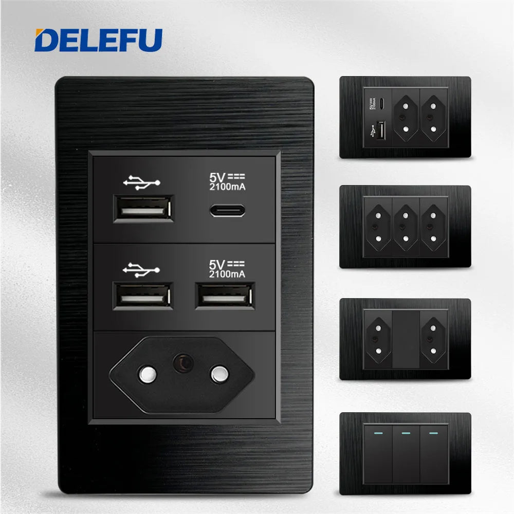 Tomada Parede Padrão Brasil 20A USB Duplo Tipo-C Escovada Preta PC Bivolt 110-240V Delefu