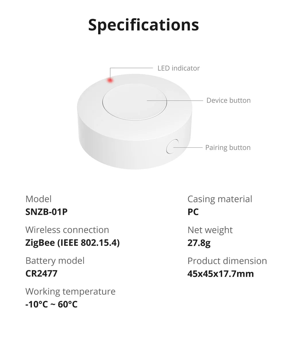 Botão Sem Fio Zigbee 3.0 SNZB-01P Sensor Inteligente Casa Inteligente SONOFF