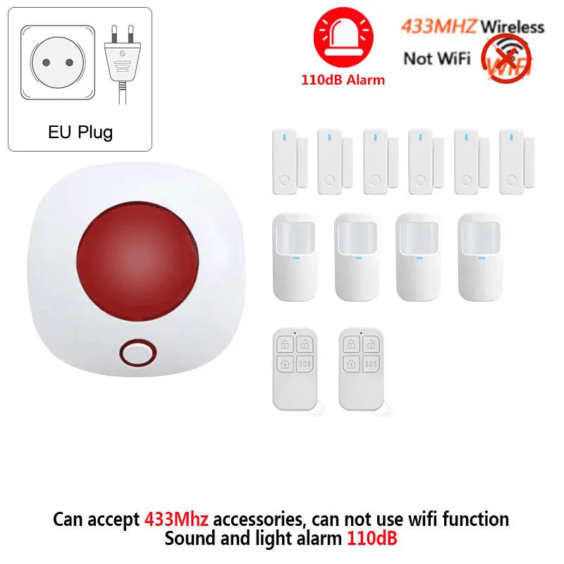 Sirene sem fio interna 433mhz, sistema de alarme de segurança doméstica autônomo, alto decibel, 110db, som, luz estroboscópica, alto-falante