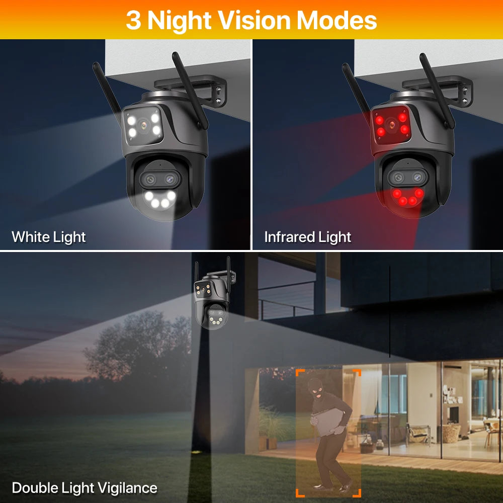 Câmera IP Wonsdar 6K 9MP WiFi - Três Lentes - PTZ 8x Zoom - Tela Dupla - Visão Noturna Colorida - iCSee