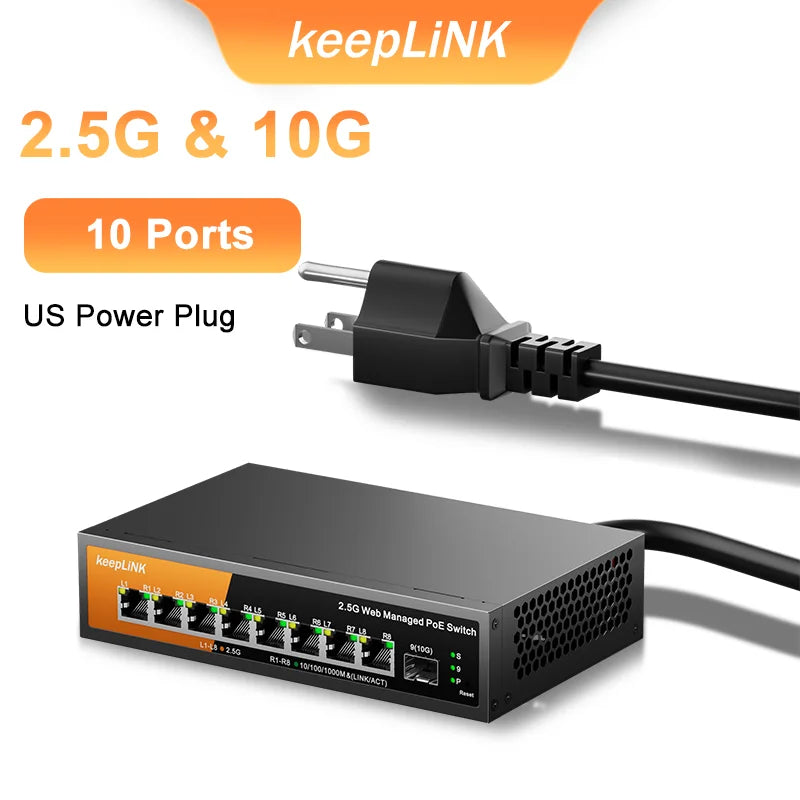 Switch Gerenciado KeepLiNK KP-9000 PoE+ 9 Portas 8x 2.5Gb PoE 130W + 1x 10Gb SFP+ Web Managed VLAN QoS - KeepLiNK