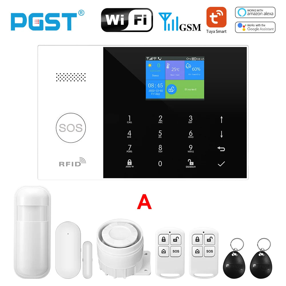 Pgst residencial tuya inteligente gsm wifi sistema de alarme para casa alarme segurança sem fio casa vida inteligente app controle trabalho com alexa