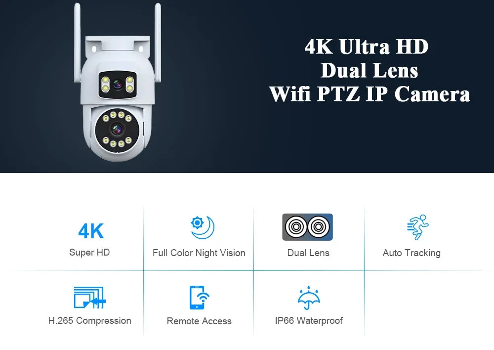 Câmera PTZ MvpSecam 8MP Lente Dupla – WiFi Pan 360°, Visão Noturna Colorida 40m e Detecção Humana por IA