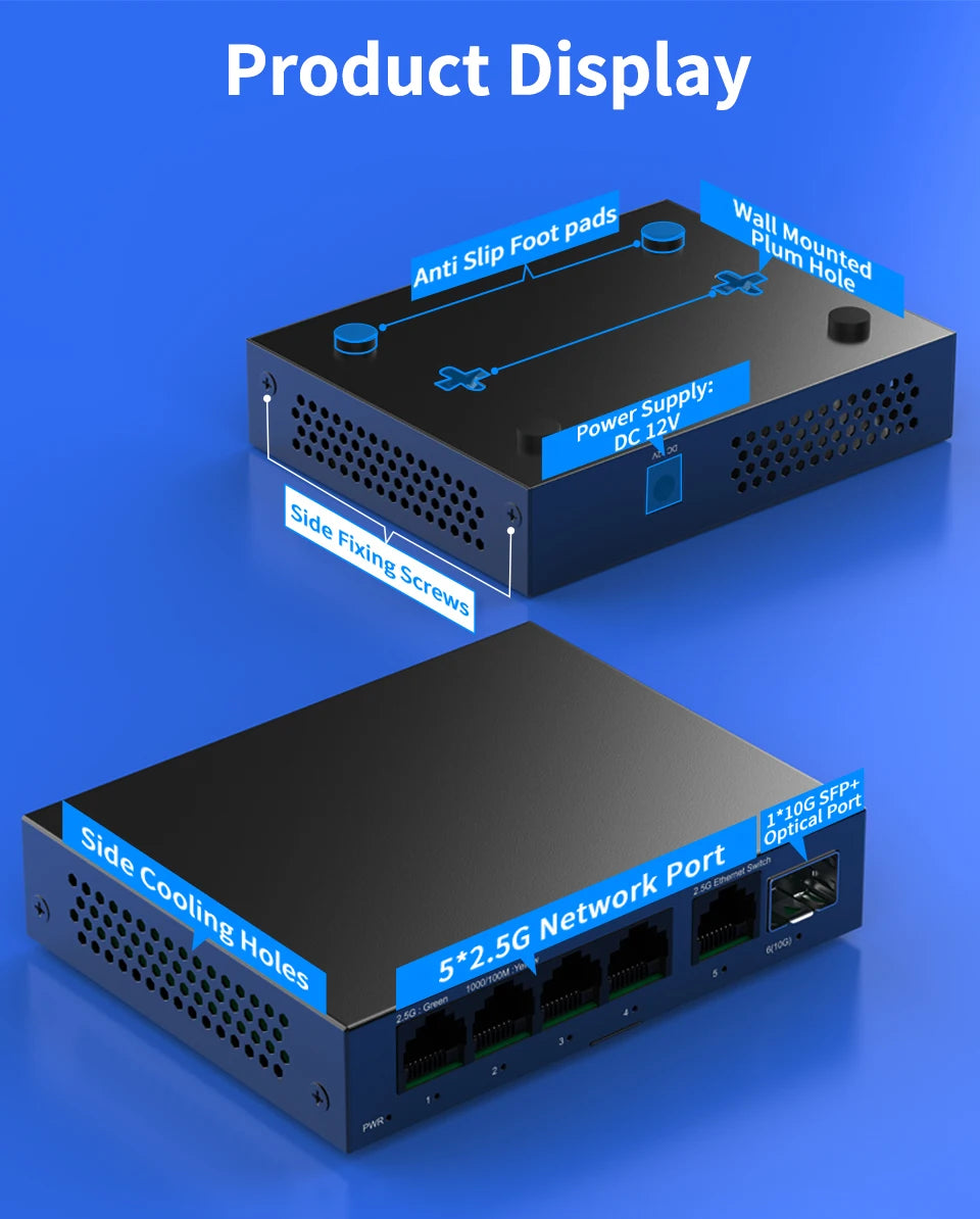 Switch 2.5GbE HORACO 6 Portas - 5x 2.5GBASE-T RJ45 + 1x 10G SFP+ Plug & Play Home Lab NAS