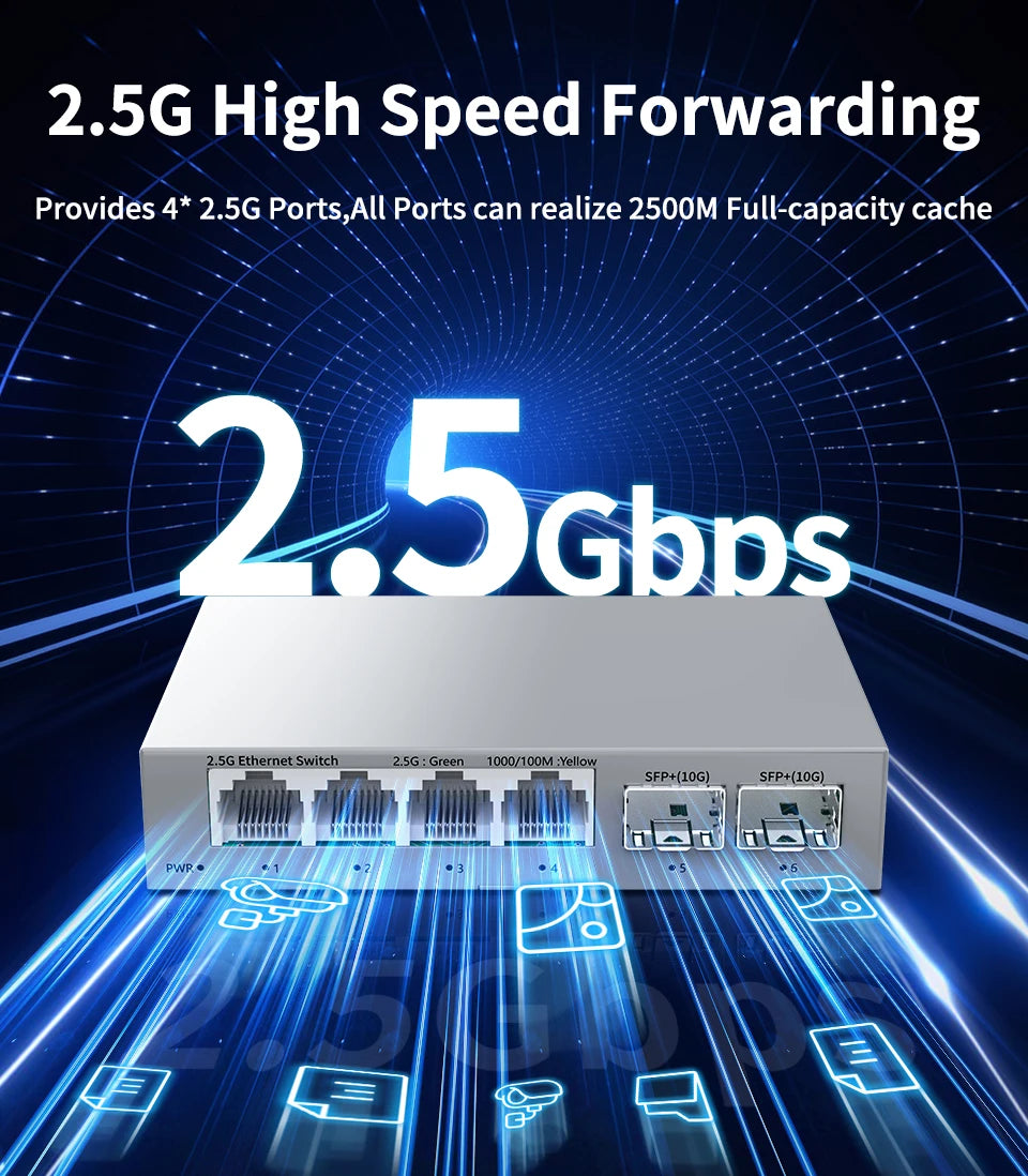 Switch 2.5Gb HORACO 6 Portas - 4x 2.5GBASE-T RJ45 + 2x 10G SFP+ 60Gbps Plug & Play Sem Ventilador