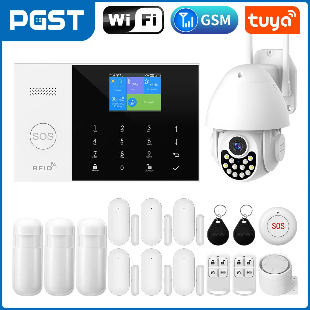 Pgst residencial tuya inteligente gsm wifi sistema de alarme para casa alarme segurança sem fio casa vida inteligente app controle trabalho com alexa