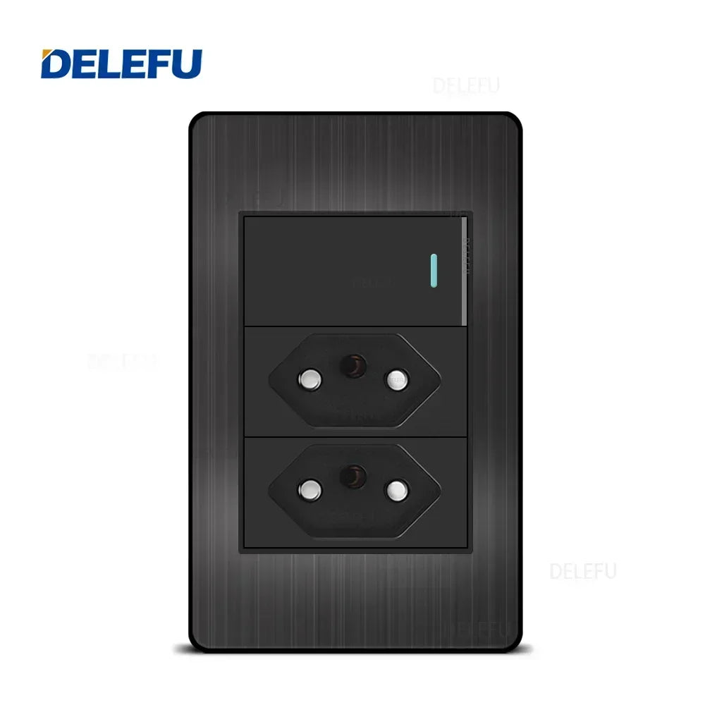 Interruptor e Tomada Padrão Brasileiro 10A com USB Tipo-C Painel Aço Inox Preto Delefu