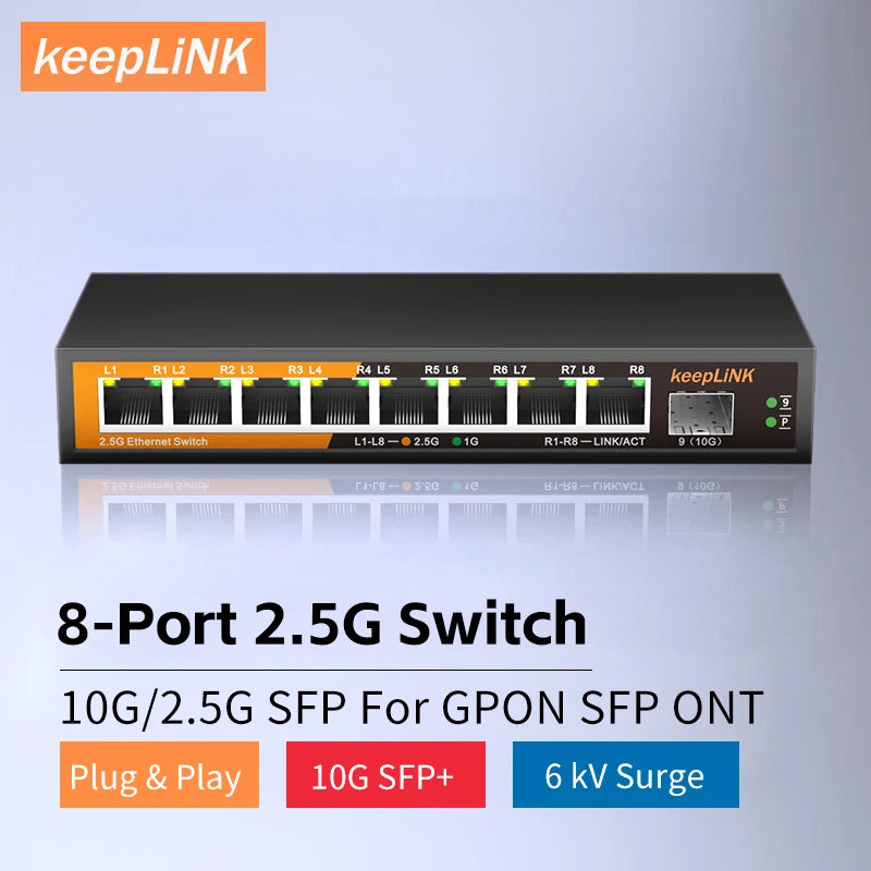 Switch 2.5Gbps KeepLiNK 9 Portas Fanless - 8x 2.5G RJ45 + 1x 10Gb SFP+ 60Gbps VLAN Metal