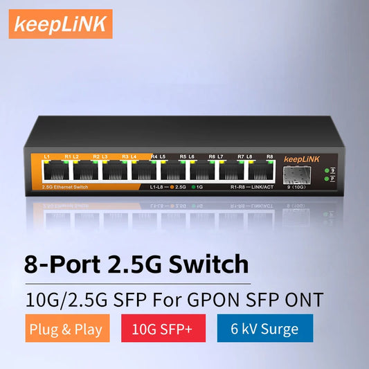 Switch 2.5Gbps KeepLiNK 9 Portas Fanless - 8x 2.5G RJ45 + 1x 10Gb SFP+ 60Gbps VLAN Metal