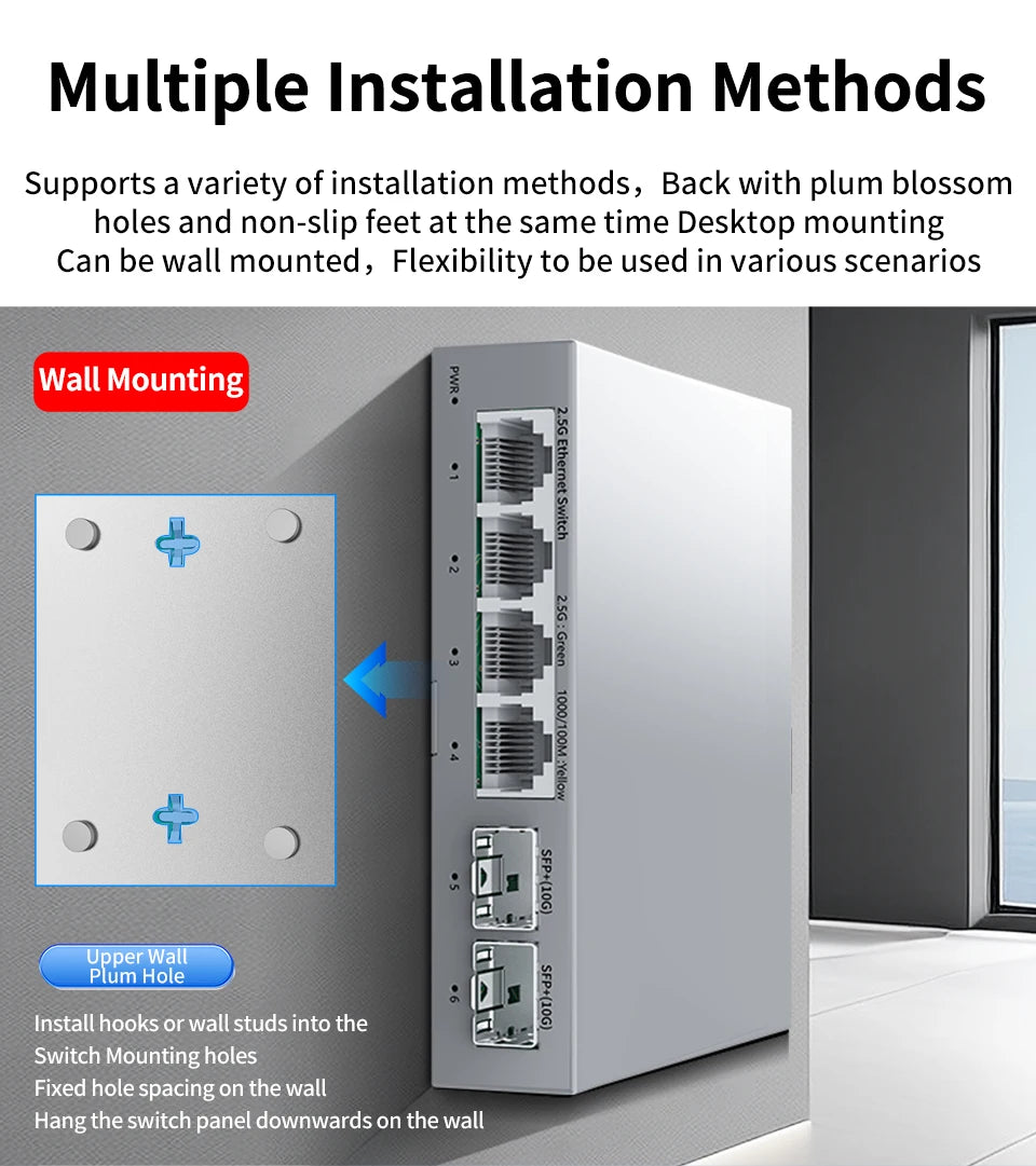Switch 2.5Gb HORACO 6 Portas - 4x 2.5GBASE-T RJ45 + 2x 10G SFP+ 60Gbps Plug & Play Sem Ventilador