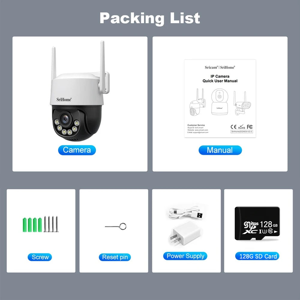 Srihome 8MP 4K WiFi PTZ Câmera Smart Color Night Vision IP66 Segurança externa 360 °   Cobertura Smart Auto Tracking SH072