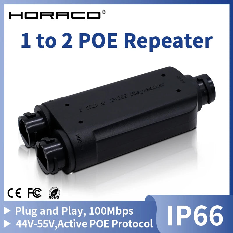 Repetidor PoE HORACO 2 Portas À Prova D'Água IP66 - 1 para 2 IEEE 802.3af/at 10/100Mbps 30W Externo Câmera