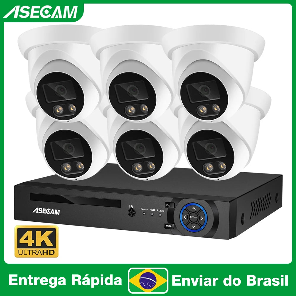 Kit Câmera de Segurança PoE 8MP 4K com NVR 8 Canais H.265 Detecção Humana Áudio IP66 - ASECAM