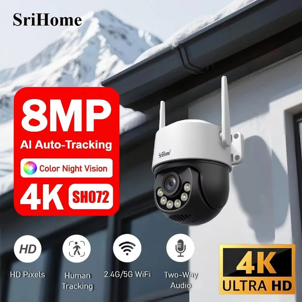 Srihome 8MP 4K WiFi PTZ Câmera Smart Color Night Vision IP66 Segurança externa 360 °   Cobertura Smart Auto Tracking SH072