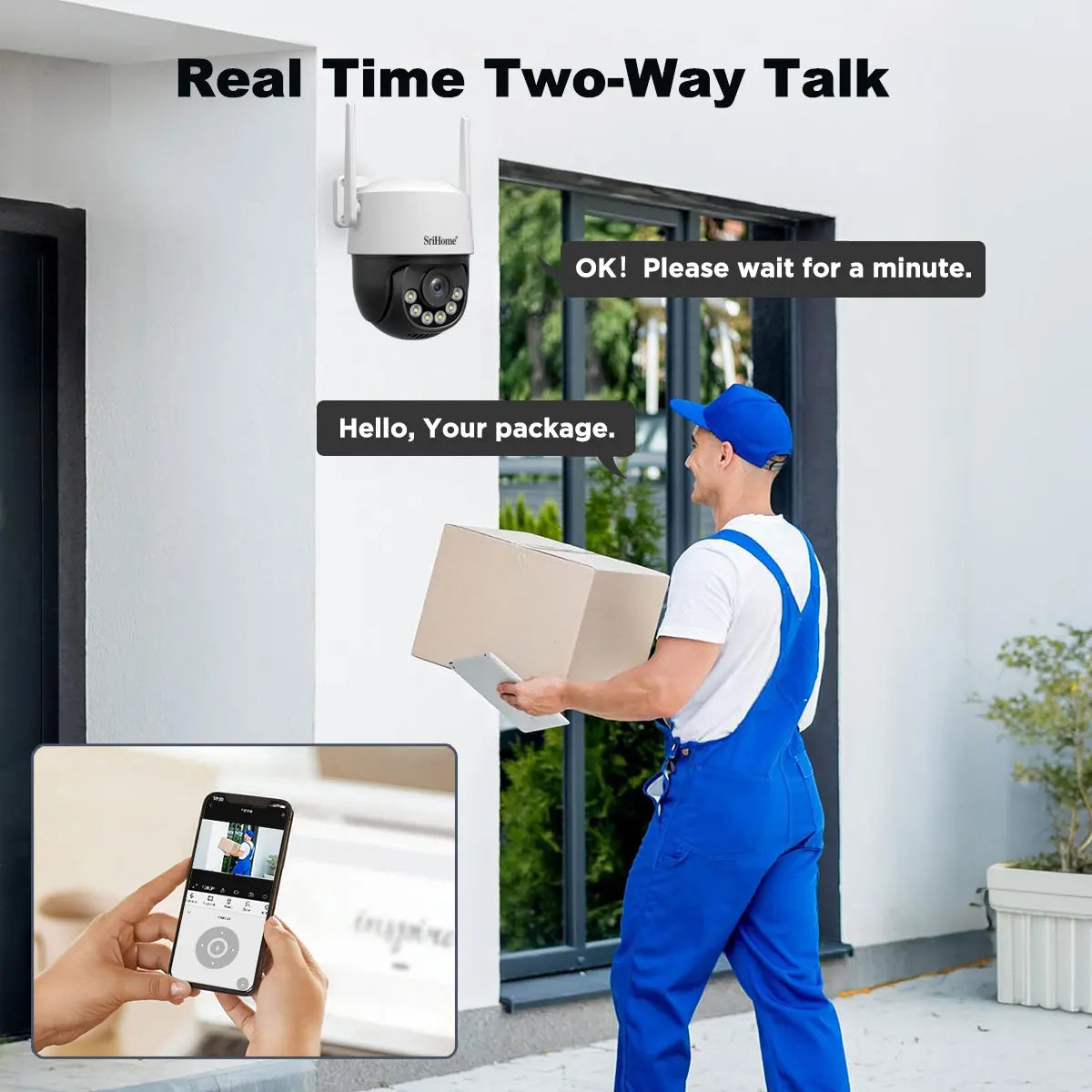 Srihome 8MP 4K WiFi PTZ Câmera Smart Color Night Vision IP66 Segurança externa 360 °   Cobertura Smart Auto Tracking SH072