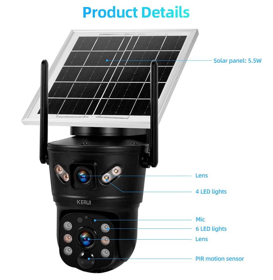 Câmera Solar WiFi/4G 6MP Lente Dupla À Prova D'Água com Painel Solar - Kerui D05