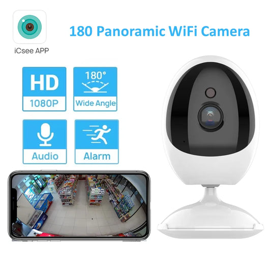 Câmera olho de peixe ICSEE 180 graus grande angular 1.44mm Len visão noturna 1080P segurança doméstica VR Wifi câmera panorâmica inteligente AI