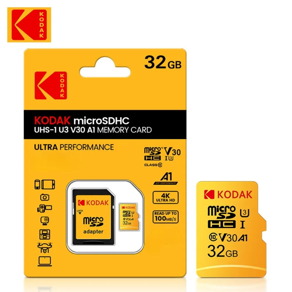 Cartão Micro SD Kodak Alta Velocidade Classe 10 U3 UHS-I V10 A1 - 32GB 64GB 128GB 256GB Smartphones Câmeras Drones