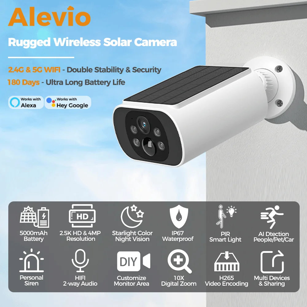 Câmera ALEVIO 2.5K 4MP Solar WiFi Dual Band com IA Quádrupla e Zoom 10x IP67