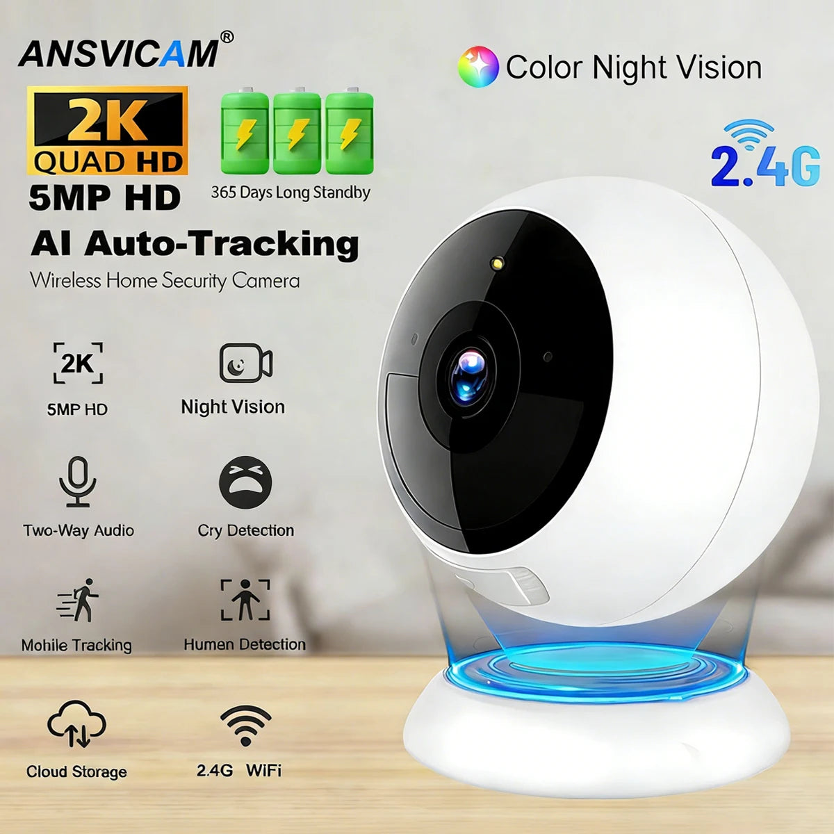 Câmera Dome Magnética ANSVICAM AN-CG9s 2K – Bateria 5800mAh, Pan 360°, IP66 e Detecção Humana por IA