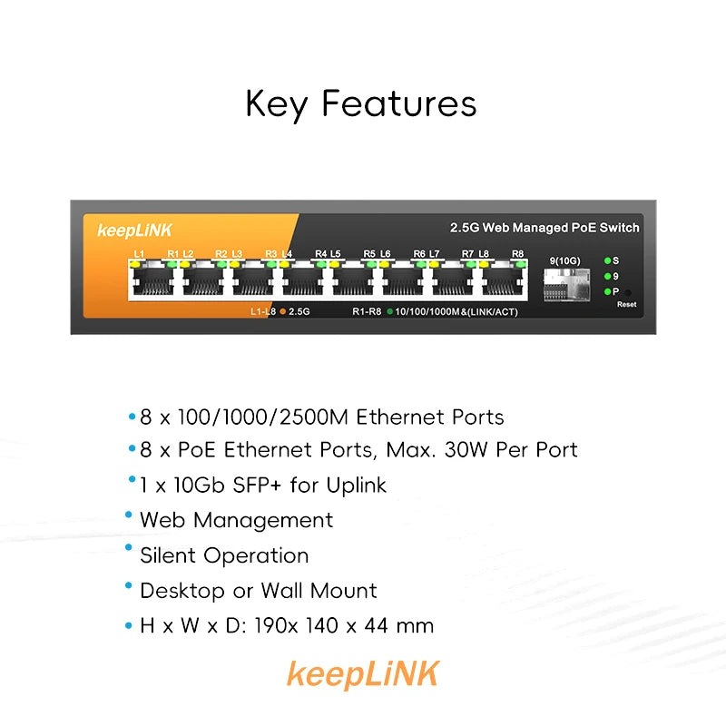 Switch Gerenciado KeepLiNK KP-9000 PoE+ 9 Portas 8x 2.5Gb PoE 130W + 1x 10Gb SFP+ Web Managed VLAN QoS - KeepLiNK