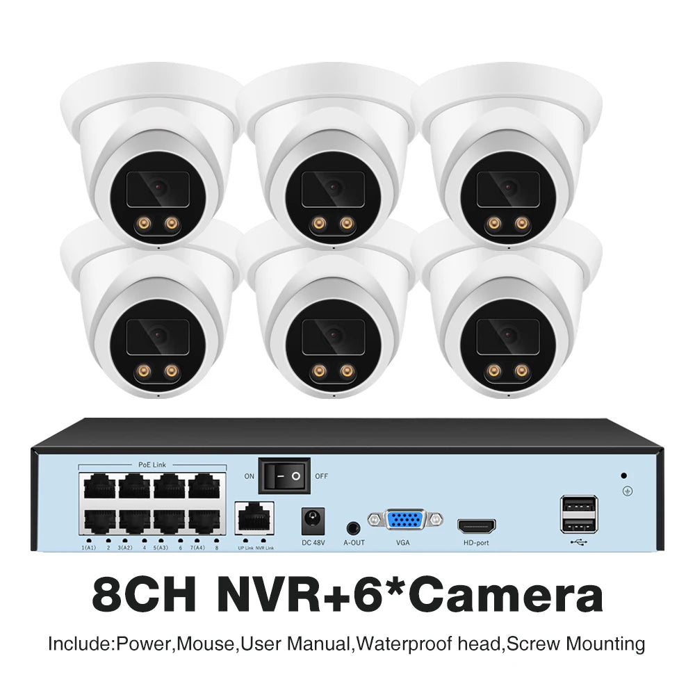 Kit Câmera de Segurança PoE 8MP 4K com NVR 8 Canais H.265 Detecção Humana Áudio IP66 - ASECAM