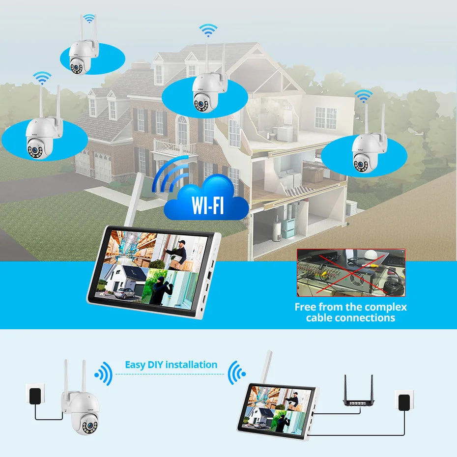NVR 8 Canais WiFi 4MP/5MP com Tela 10.1" H.265 ONVIF para Câmeras Sem Fio - Kerui N1008L