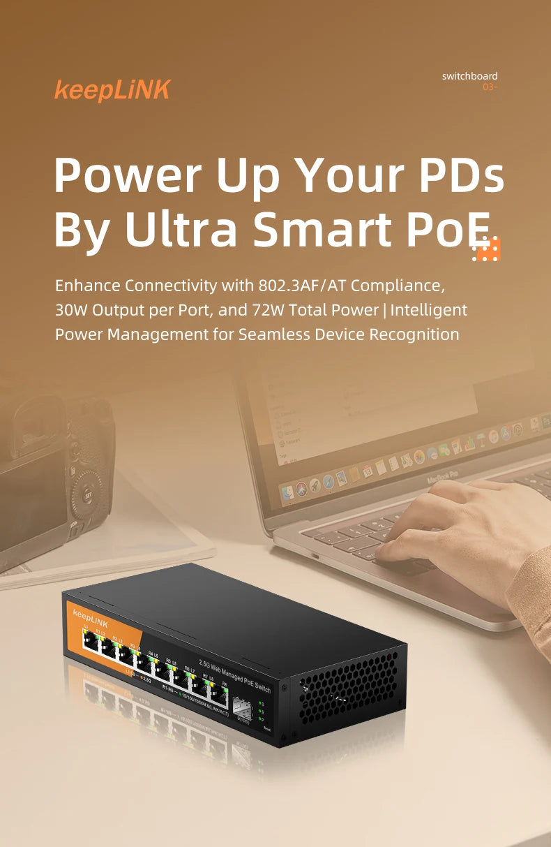 Switch Gerenciado KeepLiNK KP-9000 PoE+ 9 Portas 8x 2.5Gb PoE 130W + 1x 10Gb SFP+ Web Managed VLAN QoS - KeepLiNK