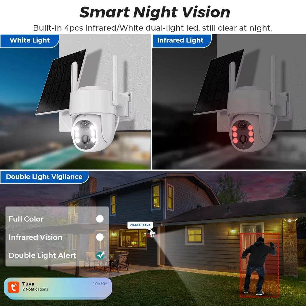 2k 4mp tuya câmera de segurança inteligente sem fio ao ar livre wifi câmera movida a energia solar cor cheia visão noturna humano rastreamento automático ip65