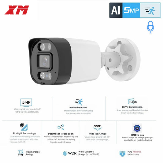 Xm 5mp ai câmera ip poe cctv câmera de segurança h.265 + ao ar livre à prova dwaterproof água áudio vídeo vigilância para sistema nvr xmeyepro