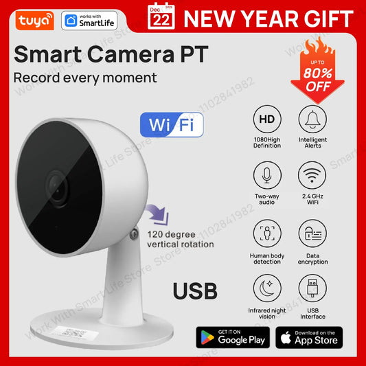 Câmera de Segurança Tuya Smart 1080p Full HD WiFi com Rastreamento de Movimento, Áudio Bidirecional para Bebês e Pets
