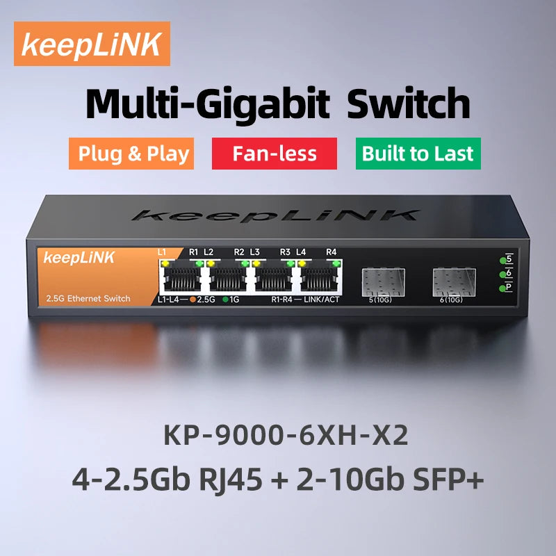 Switch Multigigabit KeepLiNK 6 Portas - 4x 2.5Gb RJ45 + 2x 10G SFP+ 60Gbps VLAN Jumbo Frame 16K