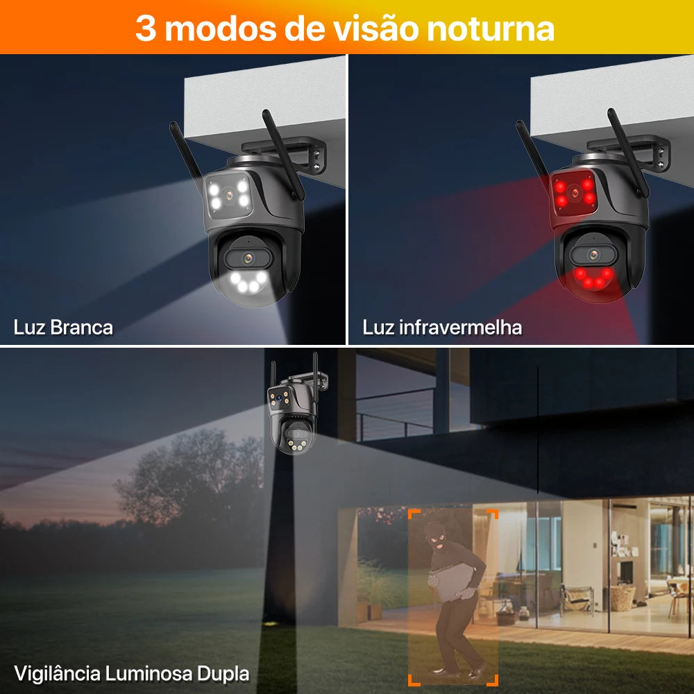 Câmera IP Wonsdar 6K 9MP WiFi - Três Lentes - PTZ 8x Zoom - Tela Dupla - Visão Noturna Colorida - iCSee