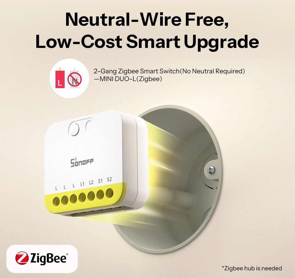 Interruptor Inteligente Zigbee 2 Gang Sem Fio Neutro Ultra Compacto SONOFF MINI DUO-L