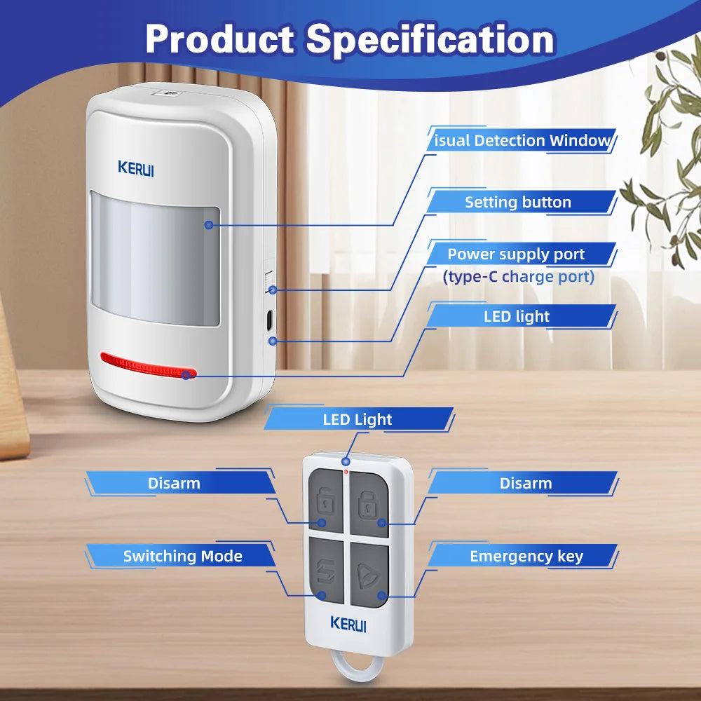 Sensor de Movimento PIR KERUI HW19 com Alarme Sonoro Timbre e Controle Remoto SOS para Idosos - KERUI