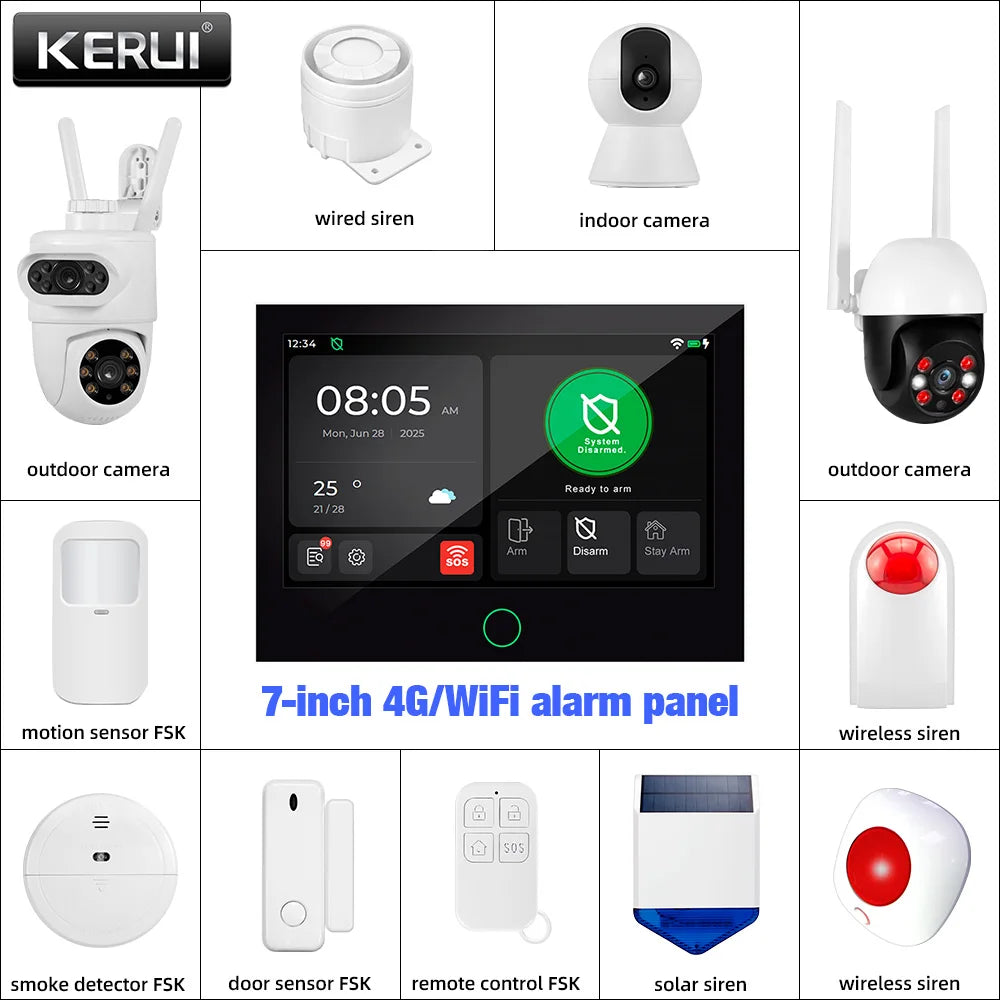 Central de Alarme KERUI G70 Tuya WiFi 4G Tela Touch 7" Kit Completo 100 Zonas FSK Sistema Inteligente - KERUI