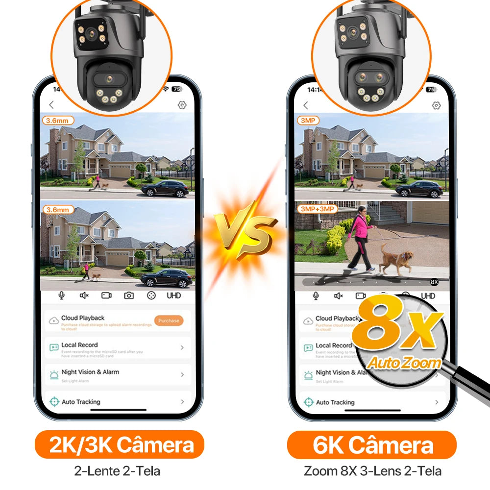 Câmera IP Wonsdar 6K 9MP WiFi - Três Lentes - PTZ 8x Zoom - Tela Dupla - Visão Noturna Colorida - iCSee