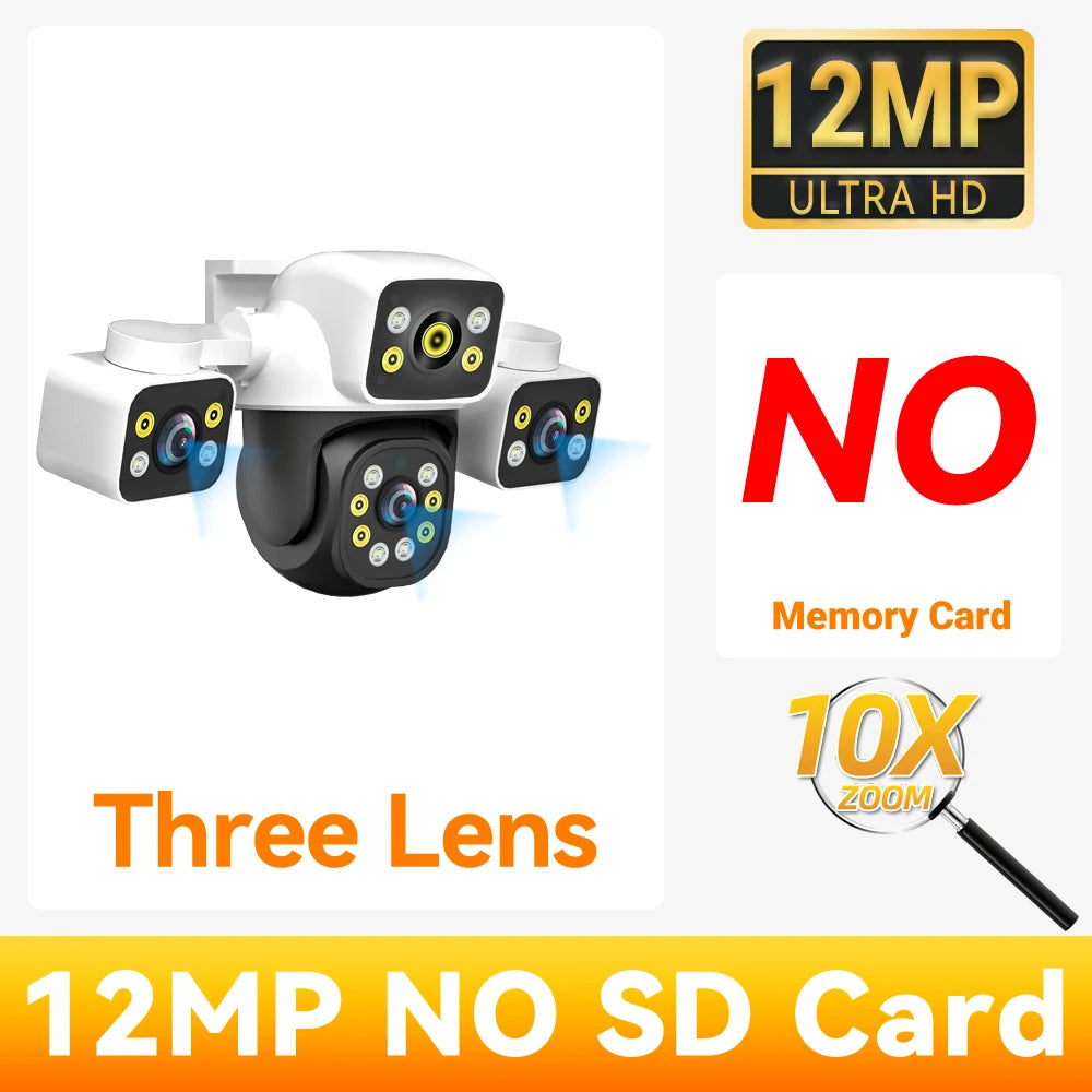 Câmera WiFi PTZ 12MP 6K Três Lentes Três Telas Zoom 10x Rastreamento Automático Alarme Visual IP66 PEGATAH