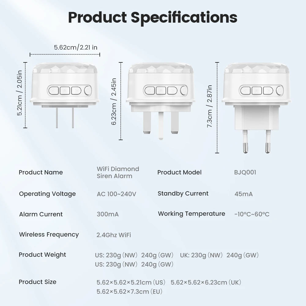 Sensor de Alarme de Som e Luz SMATRUL Tuya WiFi com Plugue EU, US, UK para Controle pelo App Smart Life, Sensor de Porta/Janela, Câmera, Solo
