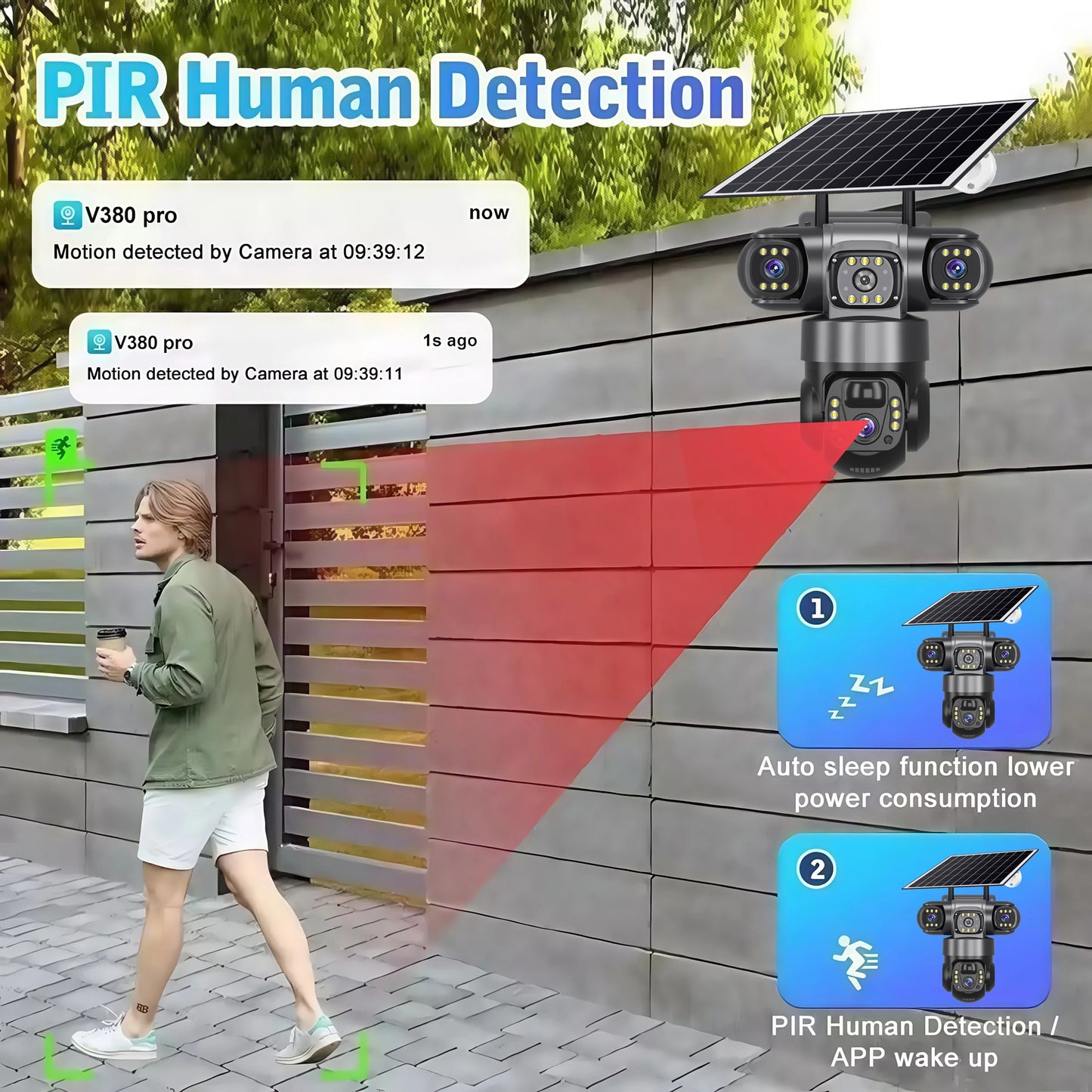 V380PRO 3 Lente WiFi Câmera Solar 15MP 360 Ao Ar Livre À Prova D 'Água CCTV Visão Noturna Câmera de Áudio Bidirecional Rastreamento Móvel 4G Câmera IP