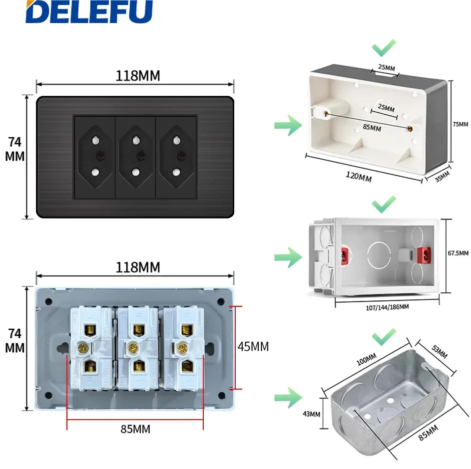 Interruptor e Tomada Padrão Brasileiro 10A com USB Tipo-C Painel Aço Inox Preto Delefu