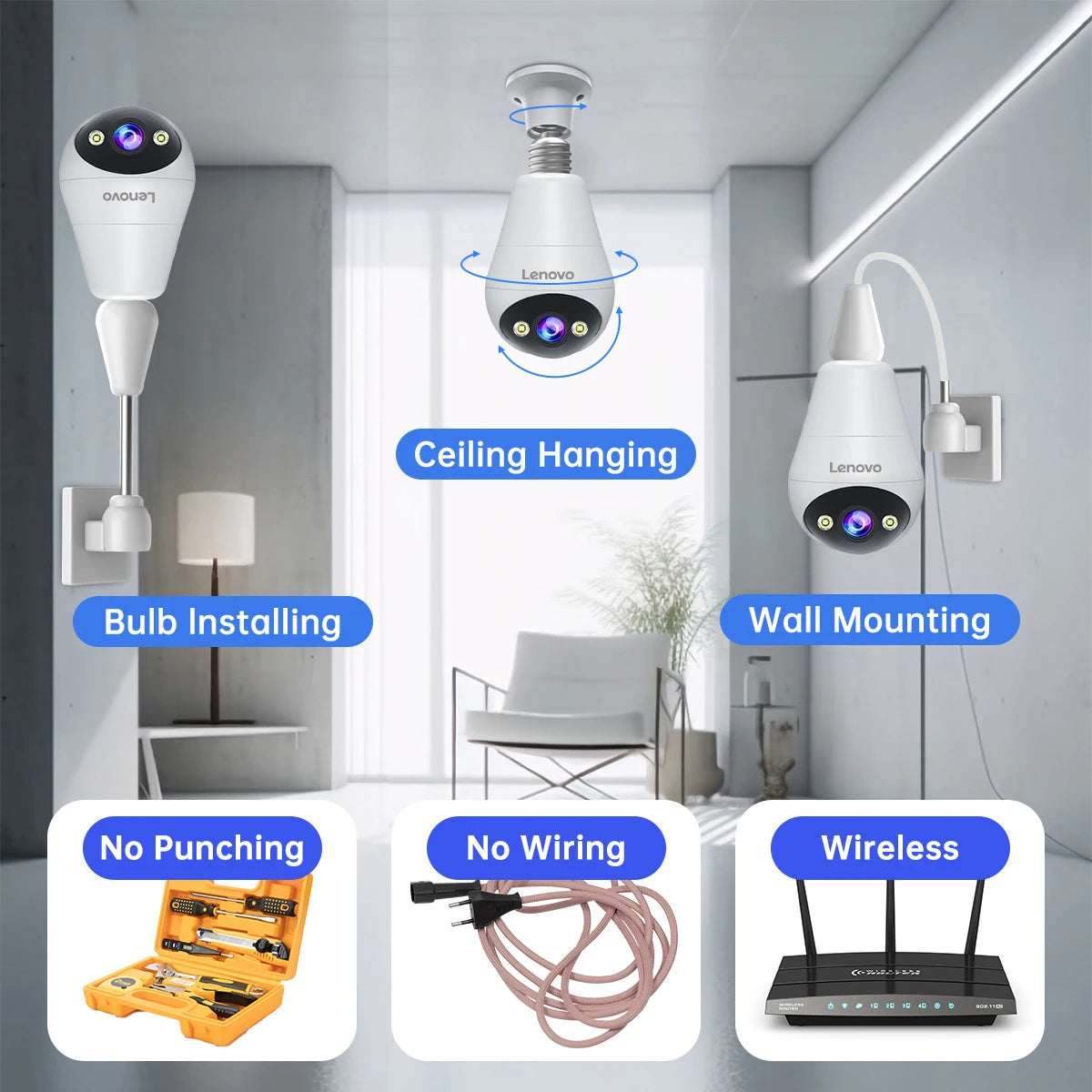 Câmera de Segurança Lenovo 3MP WiFi Lâmpada E27 com Visão Noturna Colorida e Áudio Bidirecional