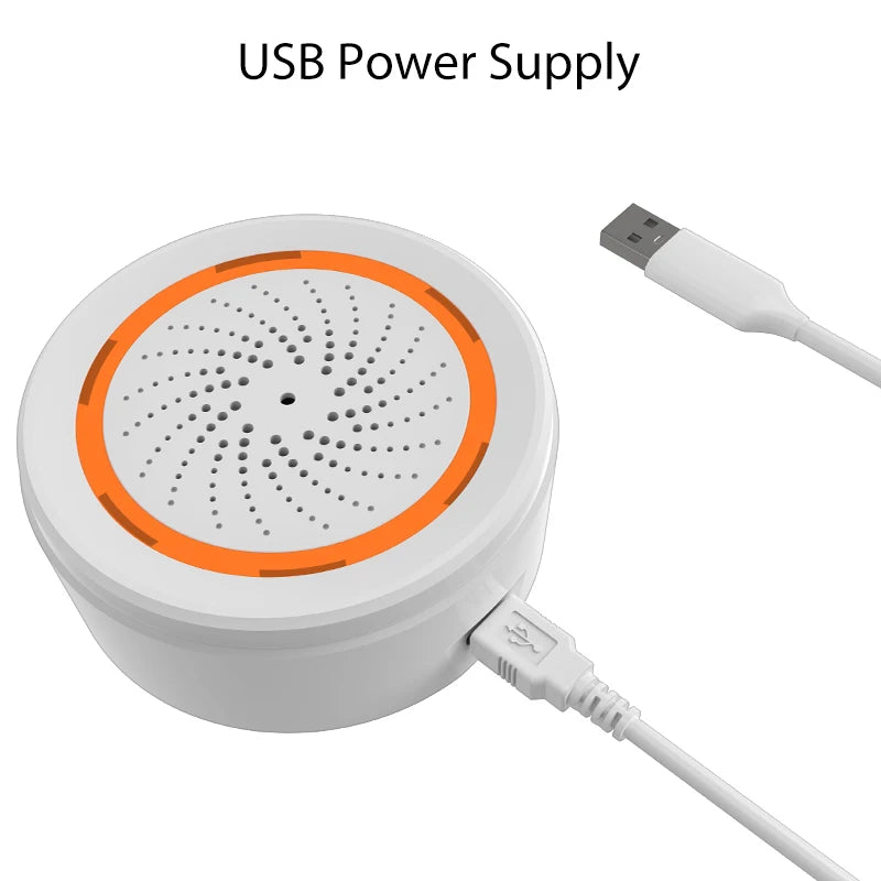 ONENUO Tuya Zigbee Alarme de sirene inteligente para segurança doméstica com alertas estroboscópicas Suporte para cabo USB de alimentação e bateria embutida