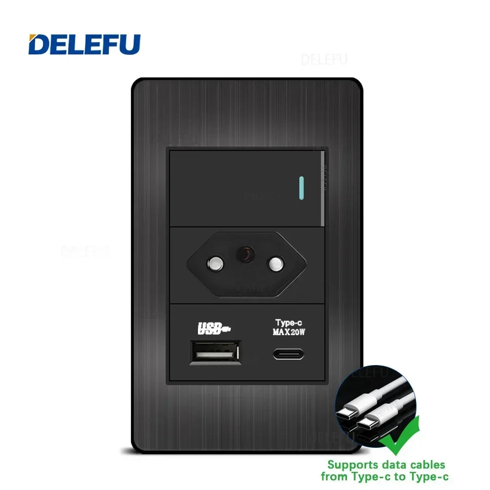 Interruptor e Tomada Padrão Brasileiro 10A com USB Tipo-C Painel Aço Inox Preto Delefu